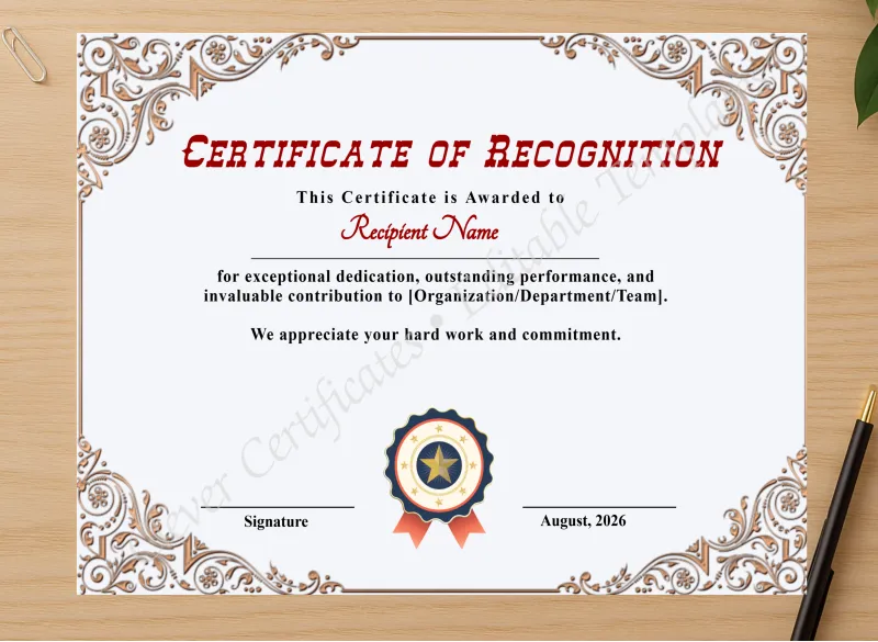 Professional preview of Printable Certificate Of Recognition certificate on high-quality stationery paper, ideal for showcasing the final look.