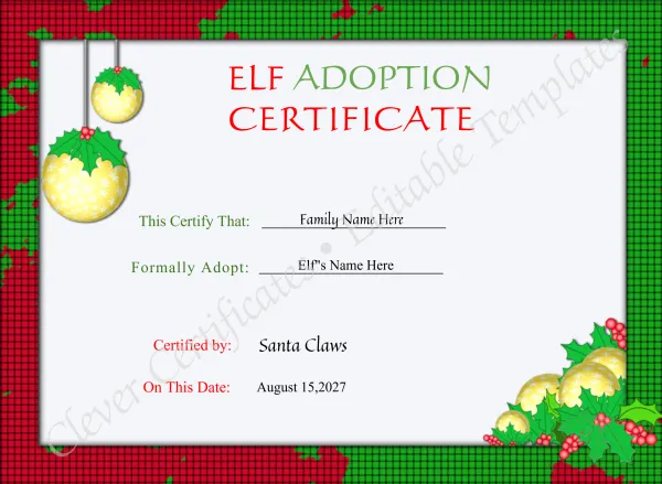 Editable Elf Adoption Christmas Certificate 