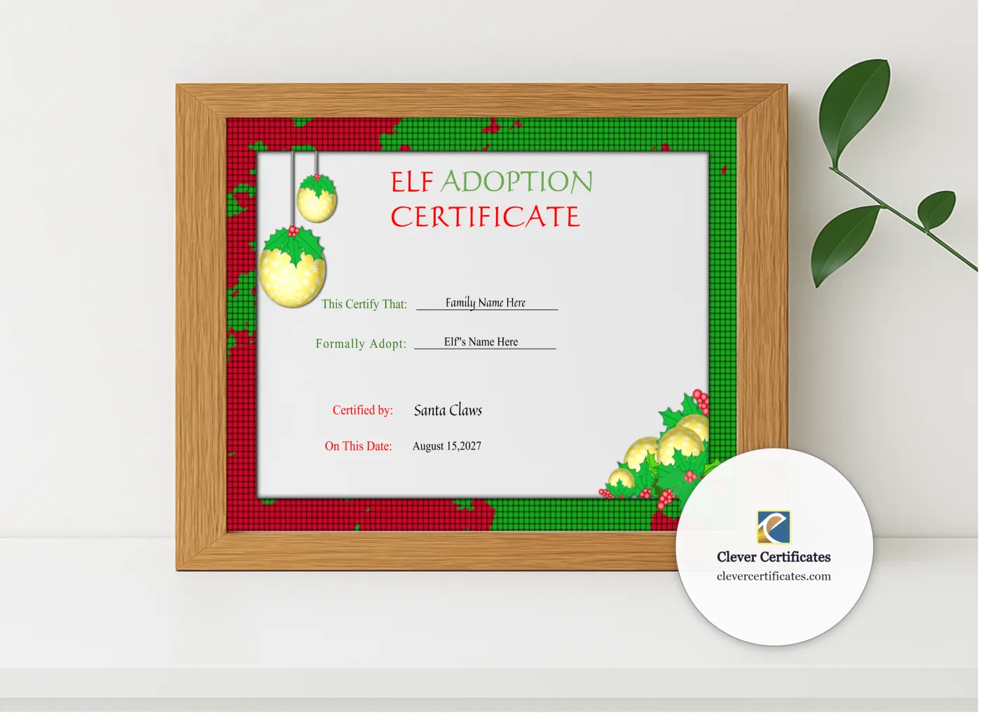 Realistic mockup featuring Editable Elf Adoption Christmas Certificate  displayed within a modern frame, set against a minimalistic background.