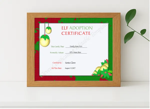 Realistic mockup featuring Editable Elf Adoption Christmas Certificate  displayed within a modern frame, set against a minimalistic background.