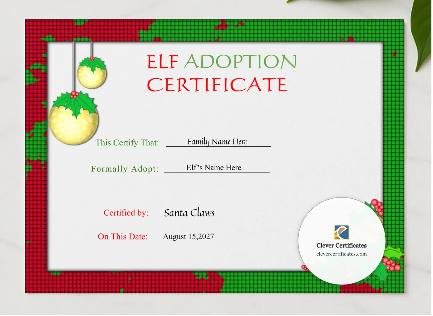 Editable Elf Adoption Christmas Certificate  presented in a sleek wooden frame, elegantly arranged on a stylish table.
