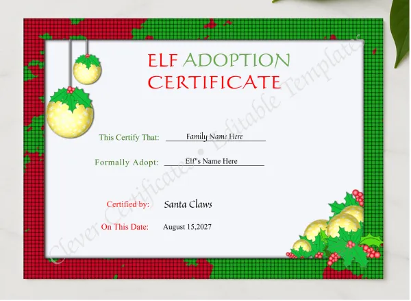 Editable Elf Adoption Christmas Certificate  presented in a sleek wooden frame, elegantly arranged on a stylish table.
