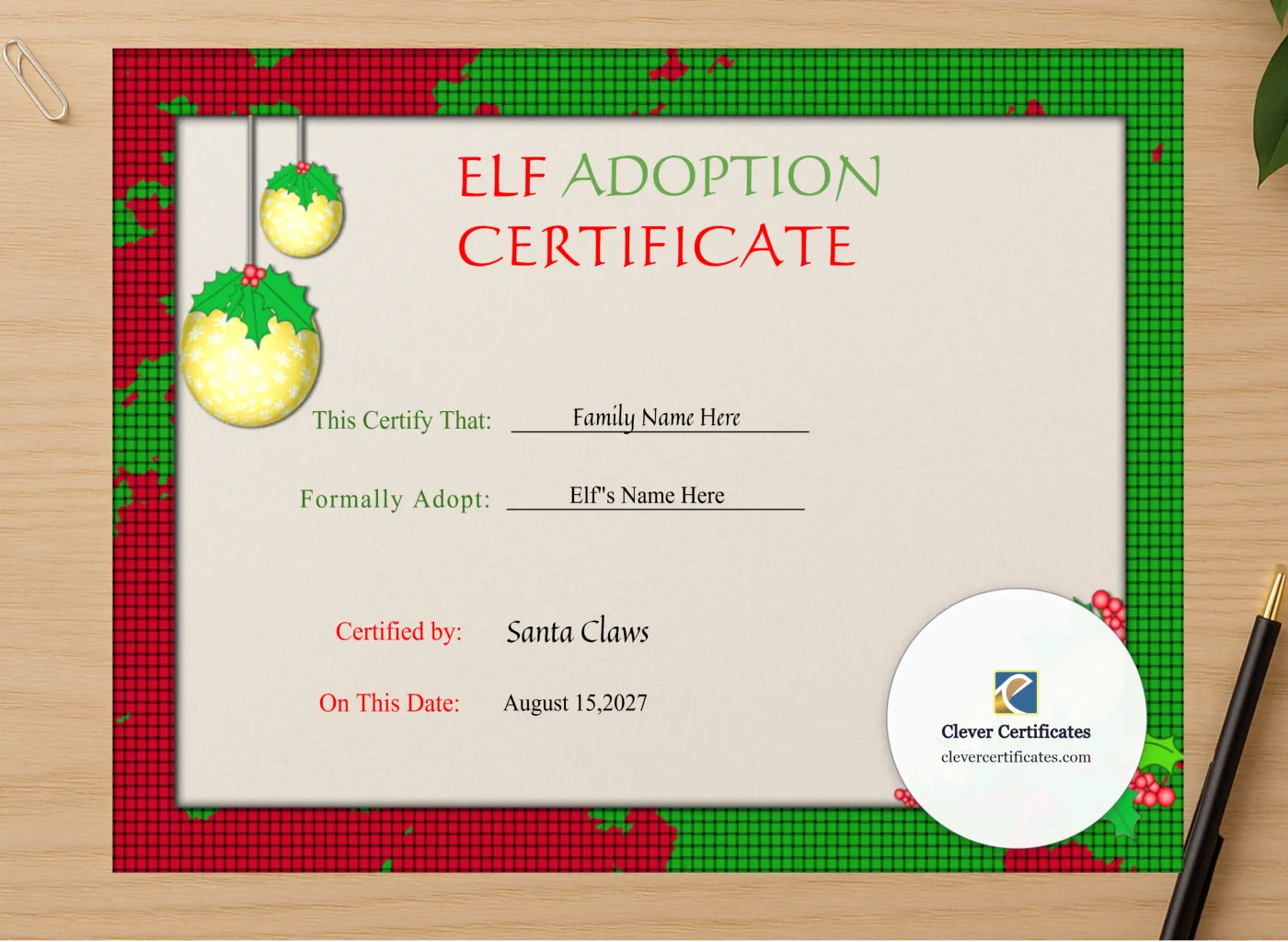Professional preview of Editable Elf Adoption Christmas Certificate  certificate on high-quality stationery paper, ideal for showcasing the final look.