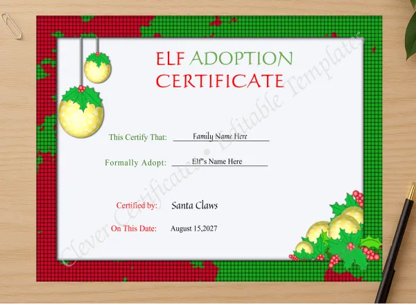 Professional preview of Editable Elf Adoption Christmas Certificate  certificate on high-quality stationery paper, ideal for showcasing the final look.