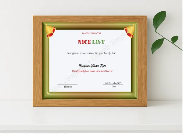 Realistic mockup featuring Editable Nice List Santa Certificate displayed within a modern frame, set against a minimalistic background.