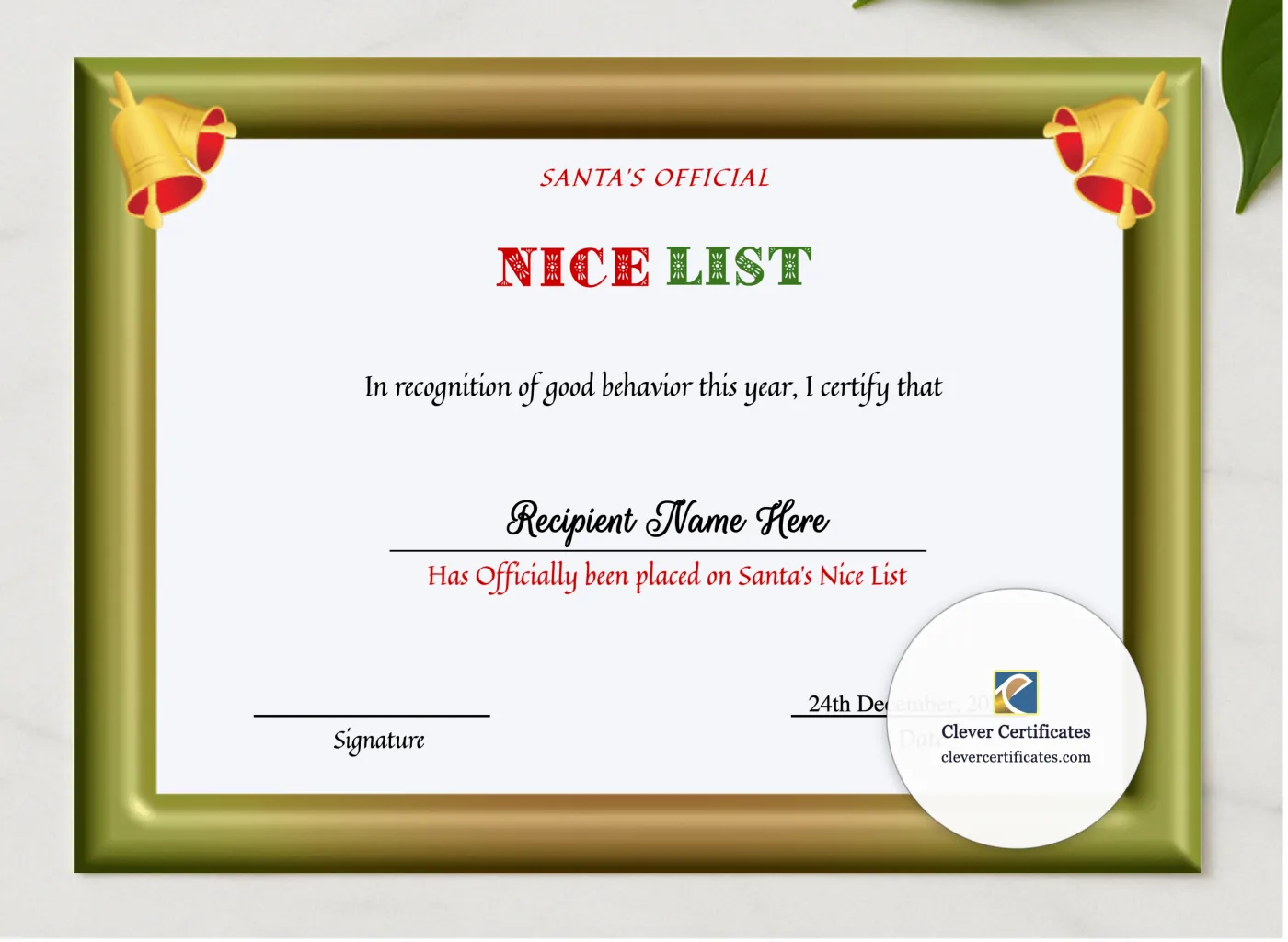 Editable Nice List Santa Certificate presented in a sleek wooden frame, elegantly arranged on a stylish table.