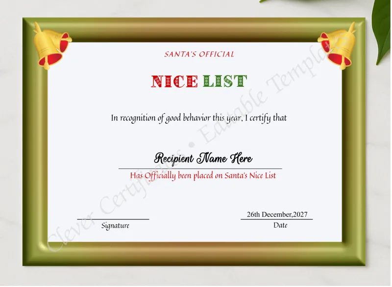 Editable Nice List Santa Certificate presented in a sleek wooden frame, elegantly arranged on a stylish table.