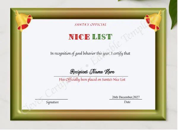 Editable Nice List Santa Certificate presented in a sleek wooden frame, elegantly arranged on a stylish table.