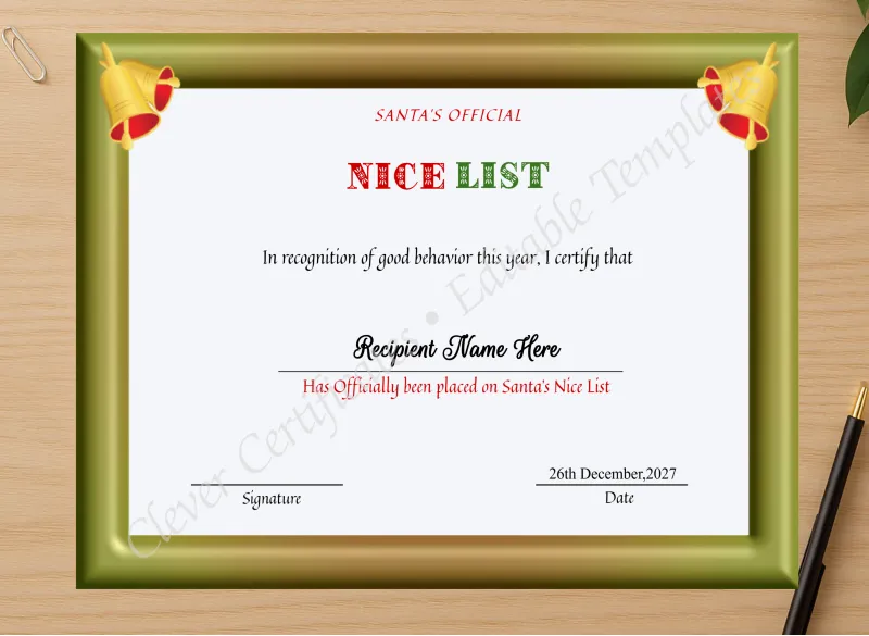 Professional preview of Editable Nice List Santa Certificate certificate on high-quality stationery paper, ideal for showcasing the final look.
