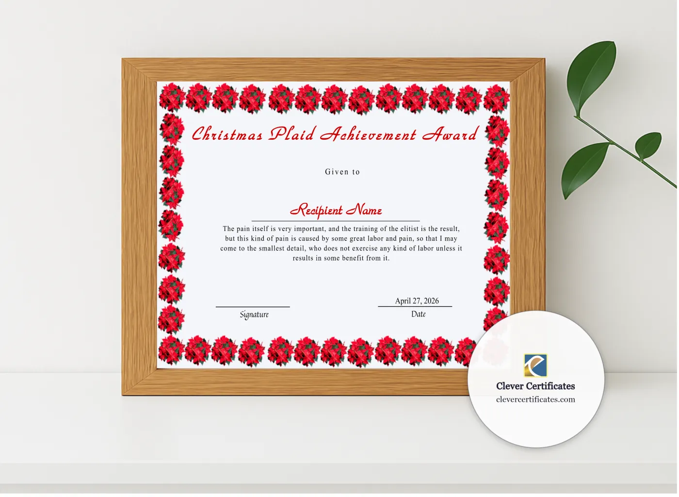 Realistic mockup featuring Editable Christmas Plaid Achievement Award displayed within a modern frame, set against a minimalistic background.