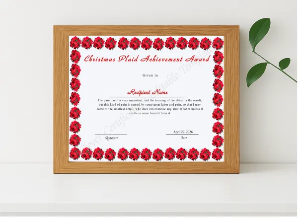 Realistic mockup featuring Editable Christmas Plaid Achievement Award displayed within a modern frame, set against a minimalistic background.