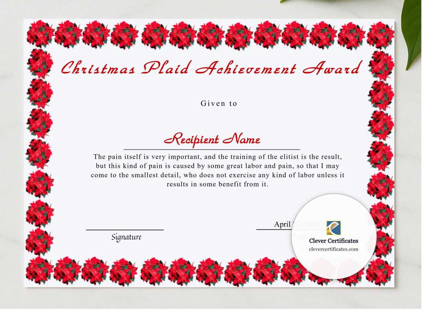Editable Christmas Plaid Achievement Award presented in a sleek wooden frame, elegantly arranged on a stylish table.