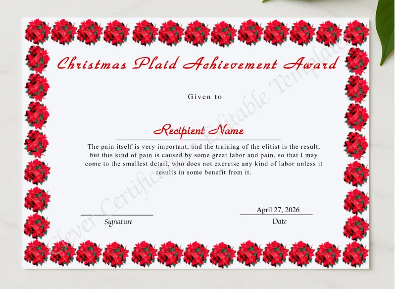 Editable Christmas Plaid Achievement Award presented in a sleek wooden frame, elegantly arranged on a stylish table.