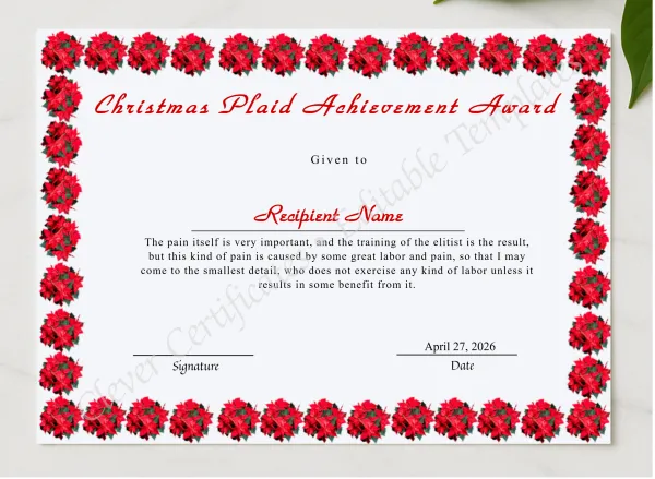 Editable Christmas Plaid Achievement Award presented in a sleek wooden frame, elegantly arranged on a stylish table.