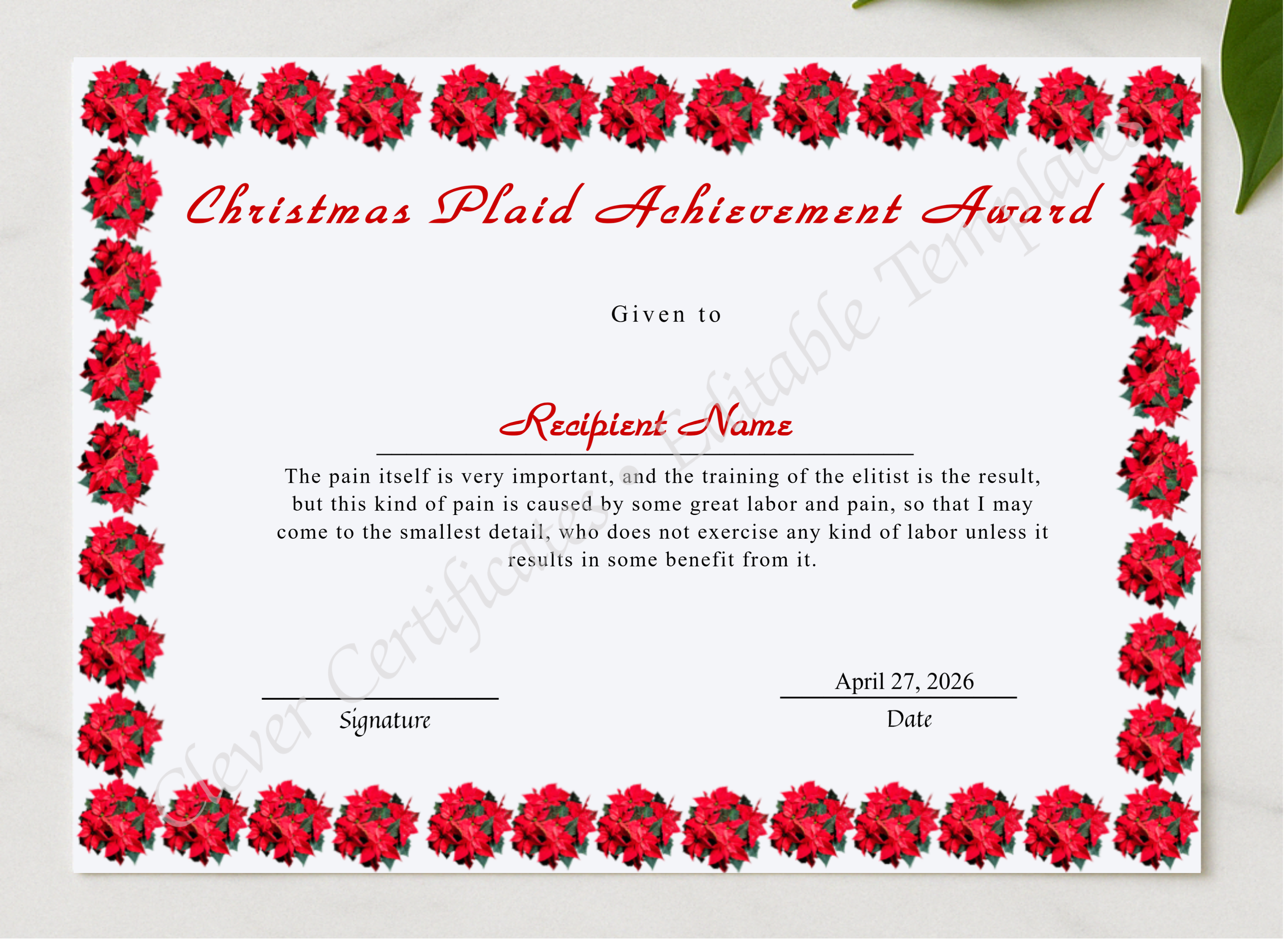 Editable Christmas Plaid Achievement Award presented in a sleek wooden frame, elegantly arranged on a stylish table.