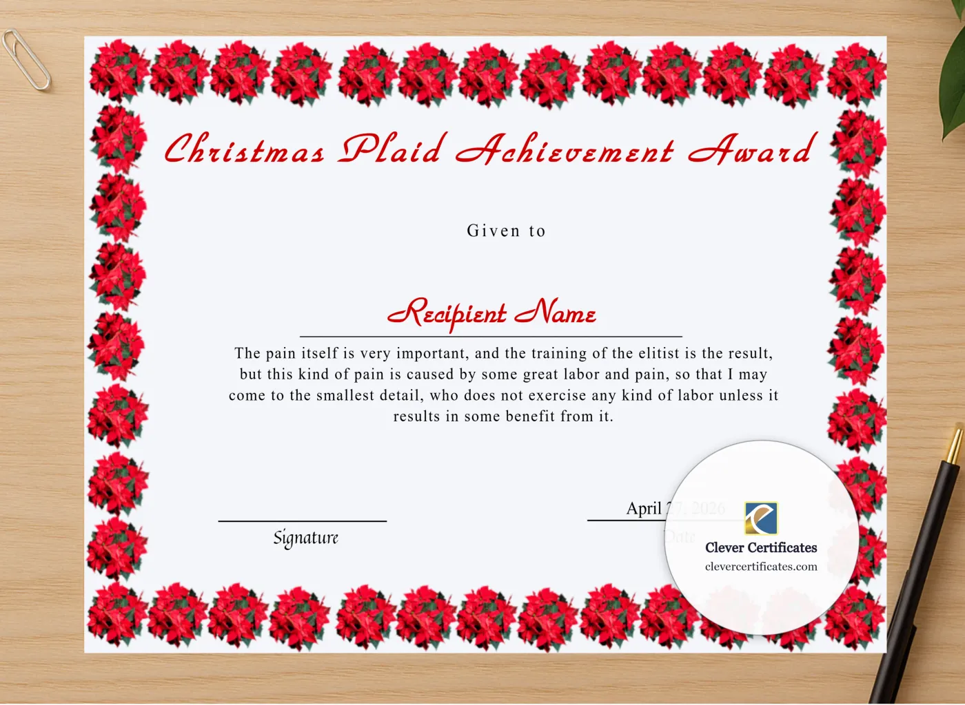 Professional preview of Editable Christmas Plaid Achievement Award certificate on high-quality stationery paper, ideal for showcasing the final look.