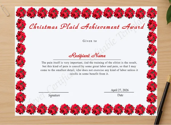 Professional preview of Editable Christmas Plaid Achievement Award certificate on high-quality stationery paper, ideal for showcasing the final look.