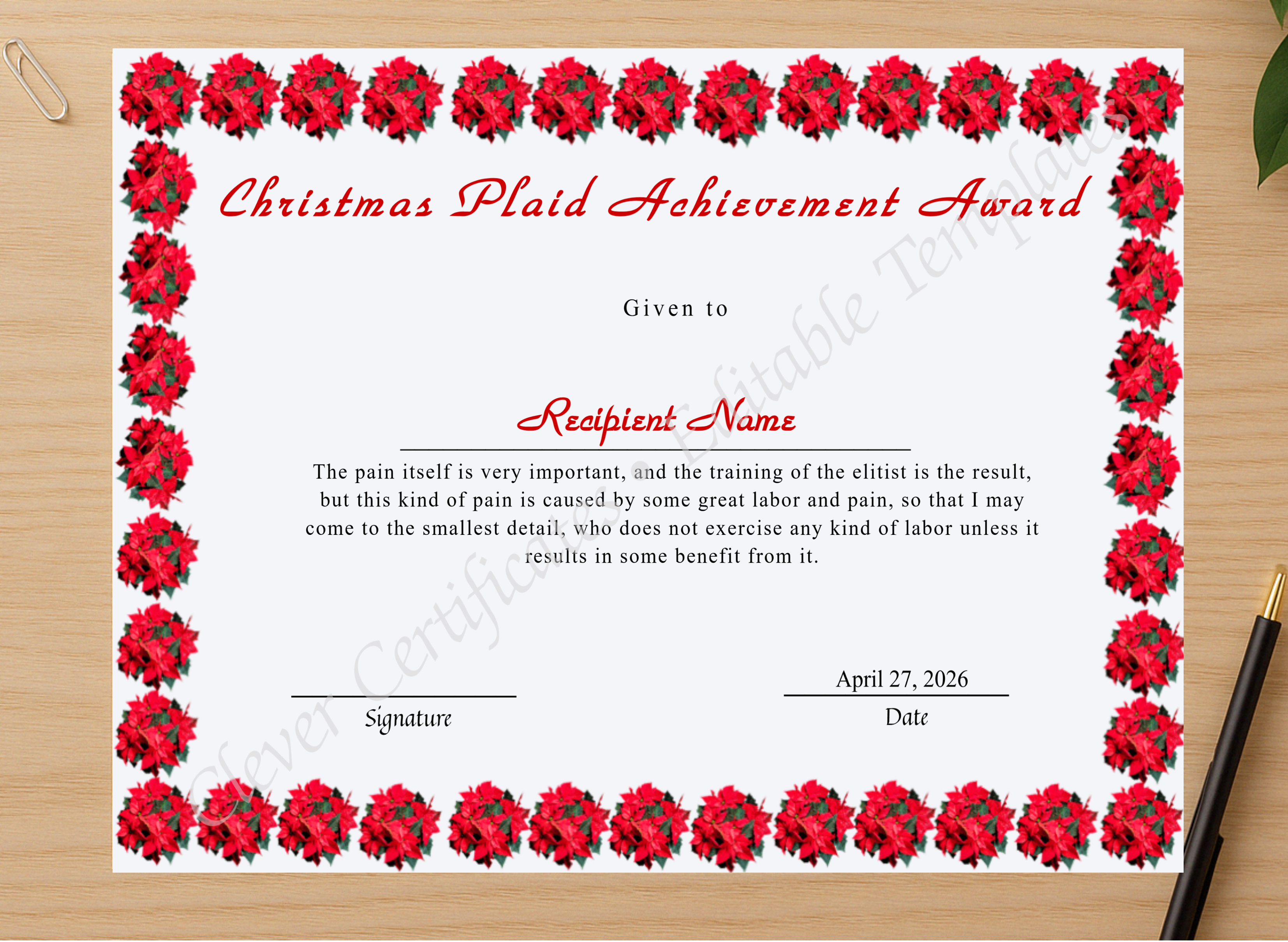 Professional preview of Editable Christmas Plaid Achievement Award certificate on high-quality stationery paper, ideal for showcasing the final look.