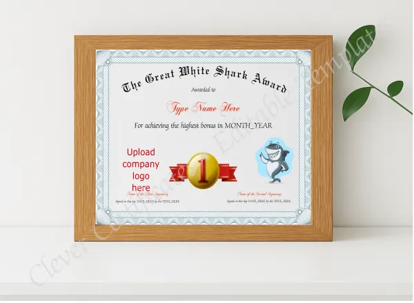 Realistic mockup featuring Great White Shark Award displayed within a modern frame, set against a minimalistic background.