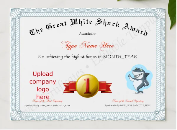 Great White Shark Award presented in a sleek wooden frame, elegantly arranged on a stylish table.