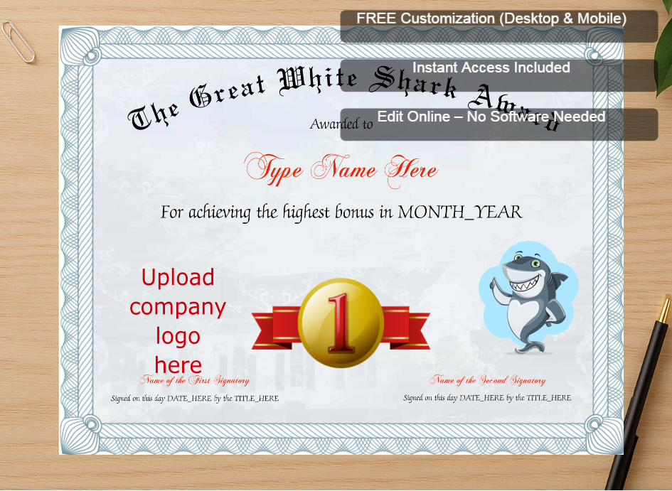 Zoomed preview with Free Editor badge stack for Great White Shark Award
