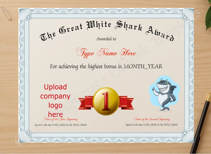 Professional preview of Great White Shark Award certificate on high-quality stationery paper, ideal for showcasing the final look.