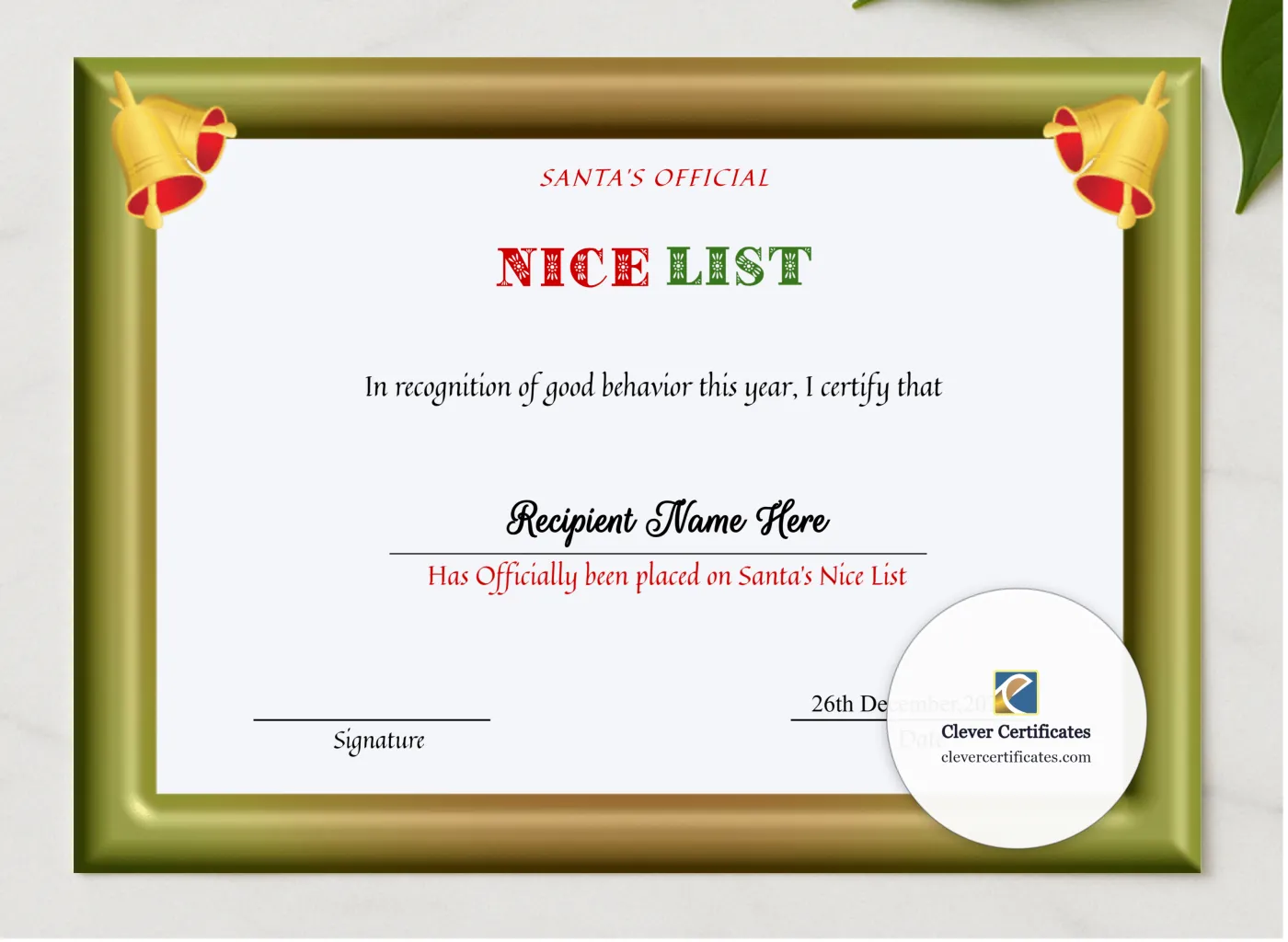Printable Christmas Party Invitation Card presented in a sleek wooden frame, elegantly arranged on a stylish table.