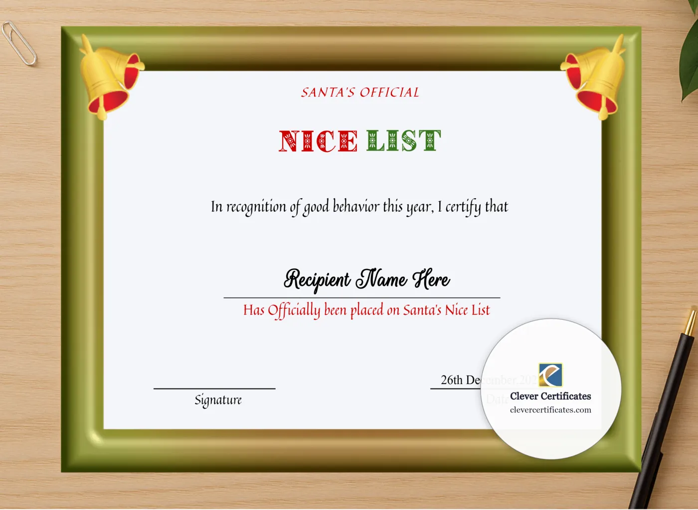 Professional preview of Printable Christmas Party Invitation Card certificate on high-quality stationery paper, ideal for showcasing the final look.