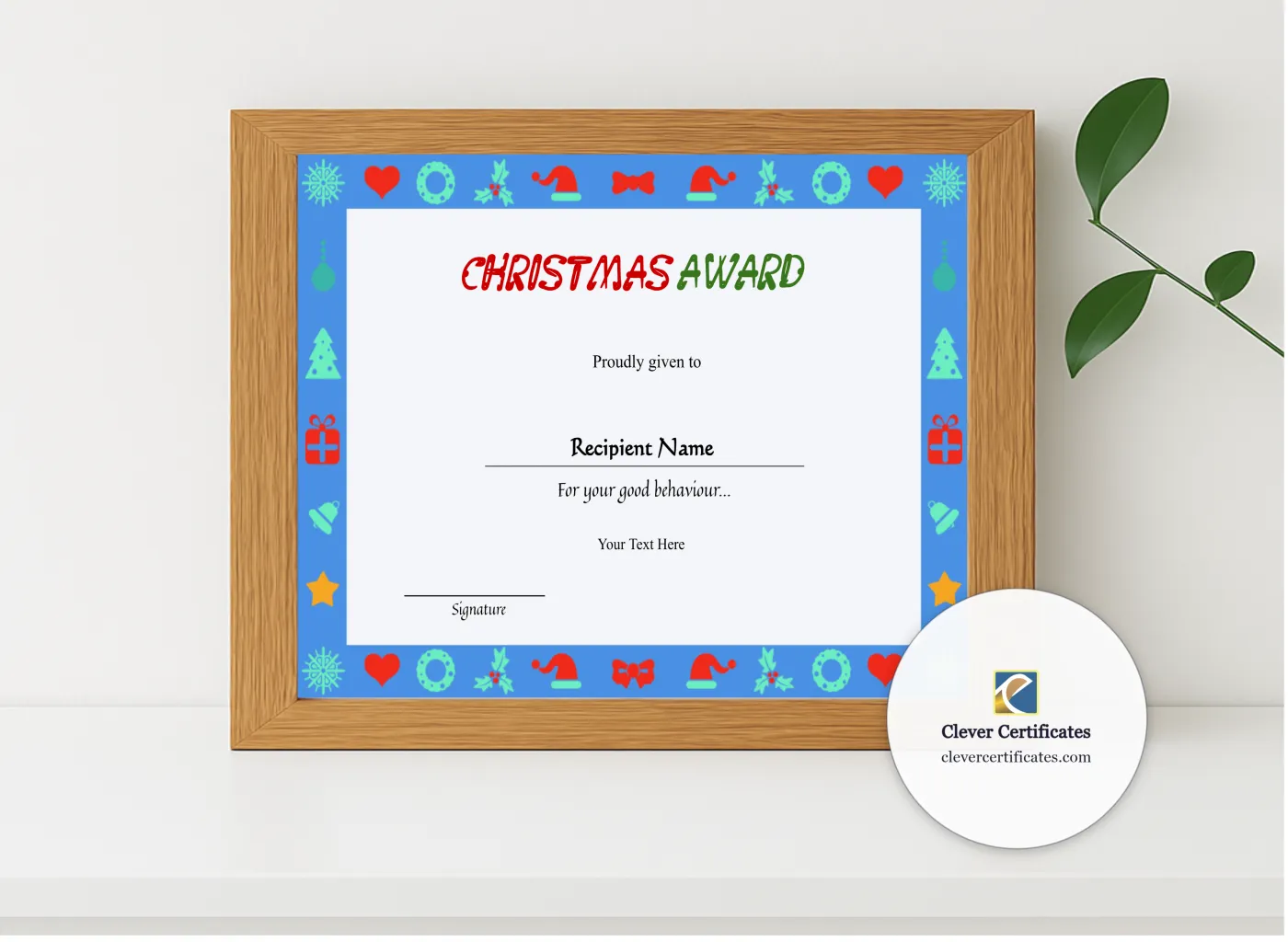Realistic mockup featuring Printable Kids Christmas Certificate  displayed within a modern frame, set against a minimalistic background.
