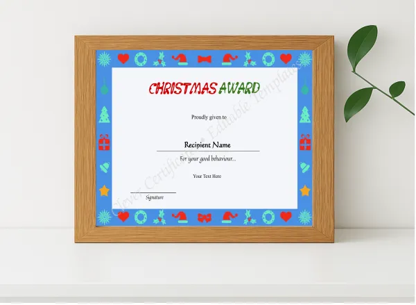 Realistic mockup featuring Printable Kids Christmas Certificate  displayed within a modern frame, set against a minimalistic background.