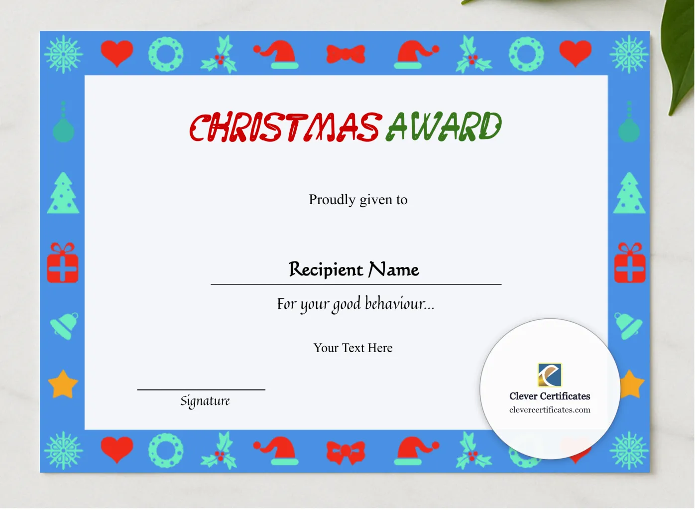 Printable Kids Christmas Certificate  presented in a sleek wooden frame, elegantly arranged on a stylish table.
