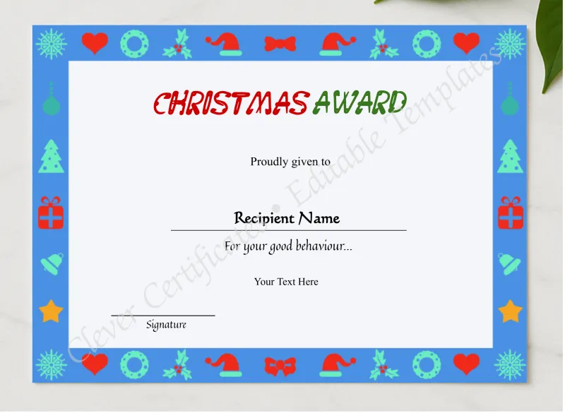 Printable Kids Christmas Certificate  presented in a sleek wooden frame, elegantly arranged on a stylish table.