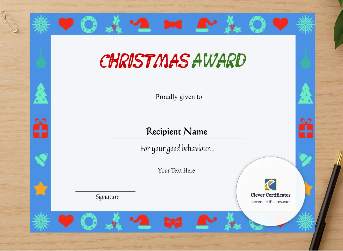 Professional preview of Printable Kids Christmas Certificate  certificate on high-quality stationery paper, ideal for showcasing the final look.