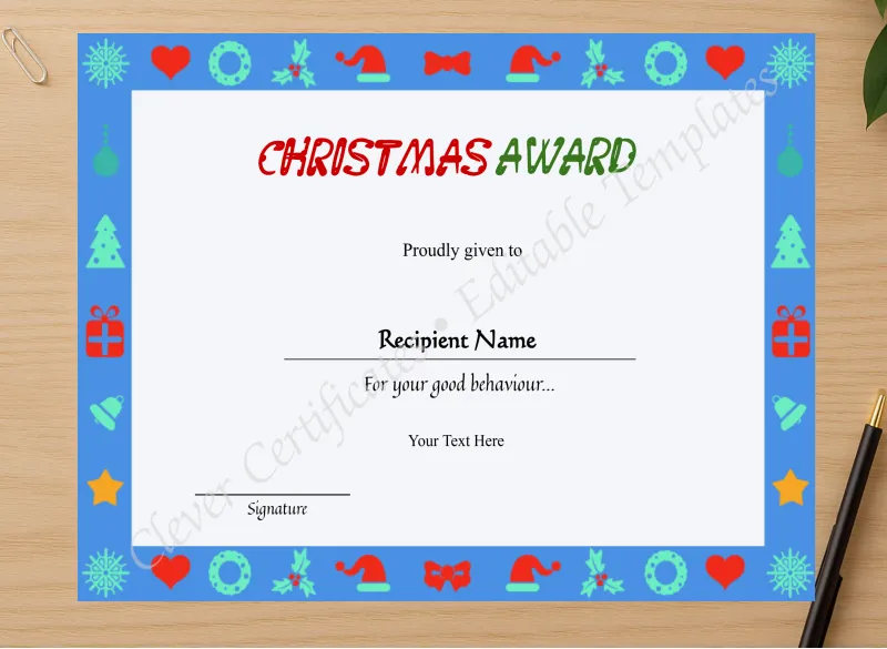 Professional preview of Printable Kids Christmas Certificate  certificate on high-quality stationery paper, ideal for showcasing the final look.