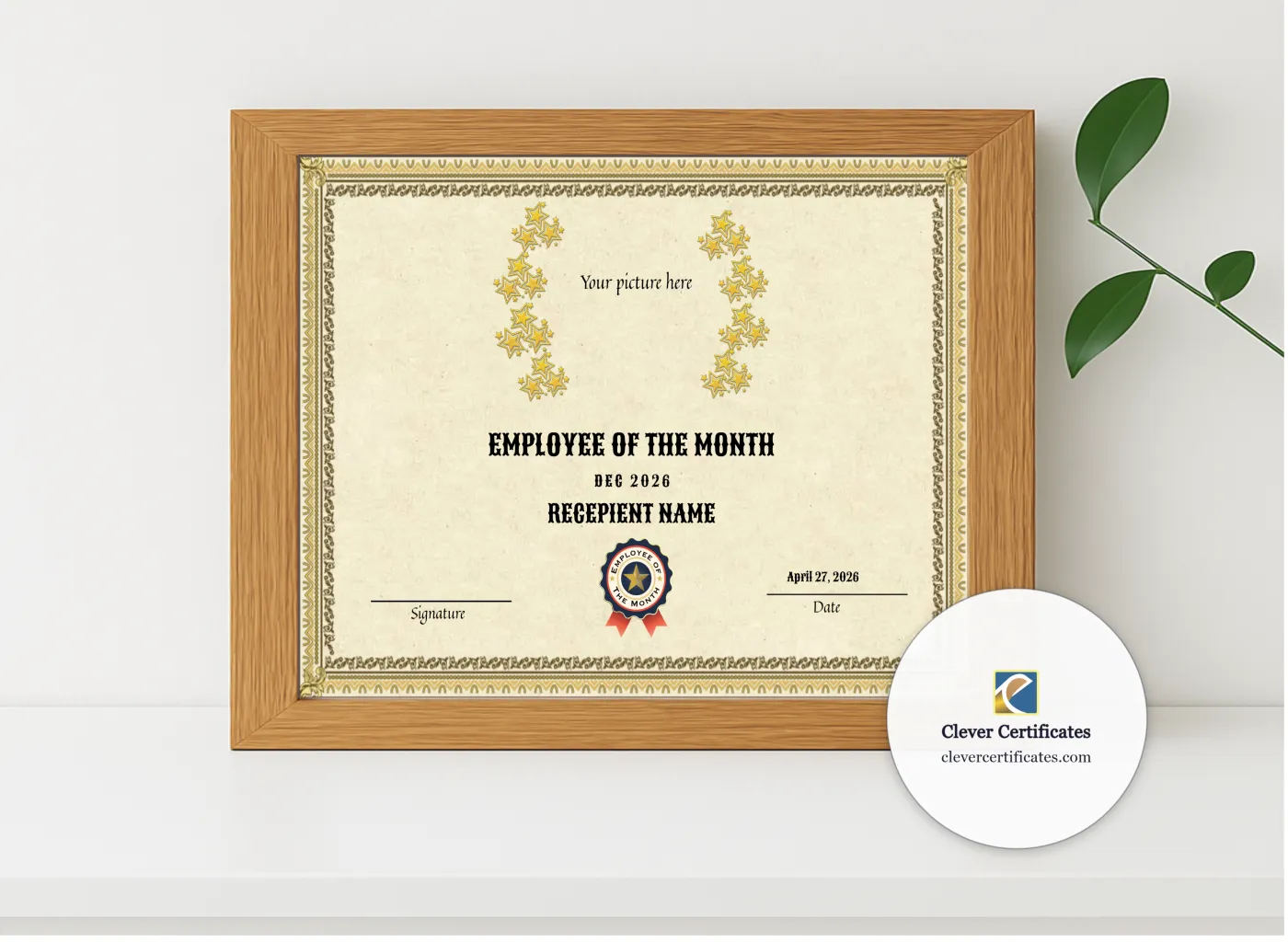 Realistic mockup featuring Recognition Best Employee Of The Month displayed within a modern frame, set against a minimalistic background.