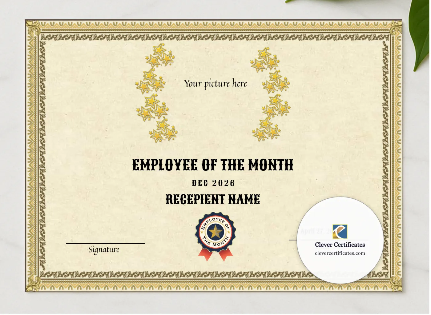 Recognition Best Employee Of The Month presented in a sleek wooden frame, elegantly arranged on a stylish table.