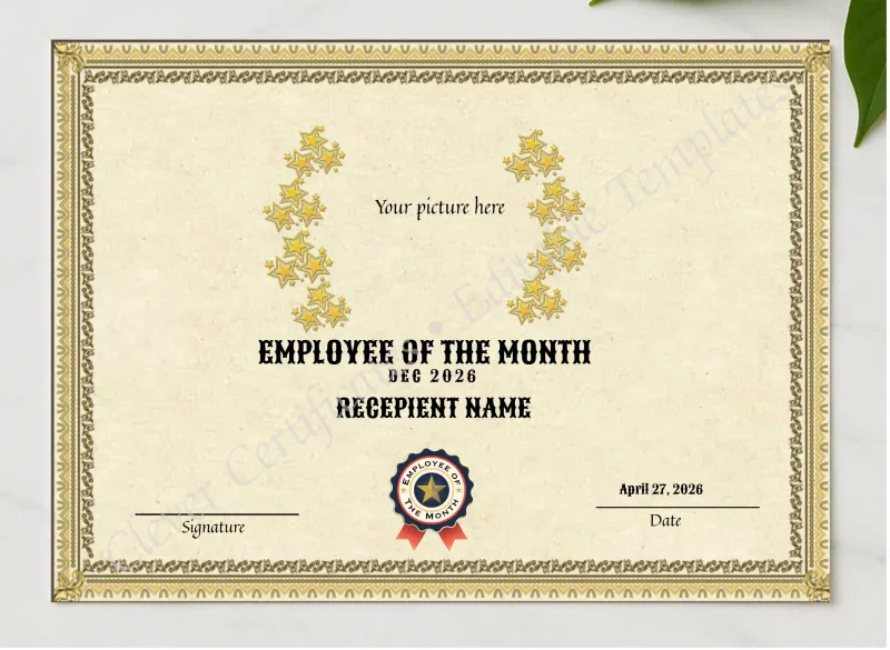 Recognition Best Employee Of The Month presented in a sleek wooden frame, elegantly arranged on a stylish table.