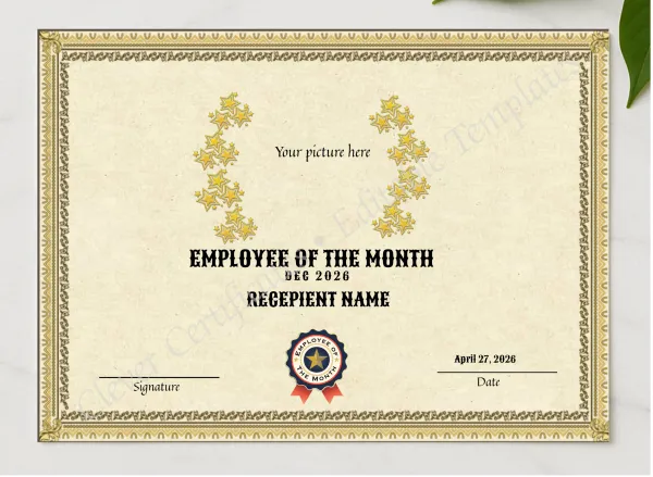 Recognition Best Employee Of The Month presented in a sleek wooden frame, elegantly arranged on a stylish table.
