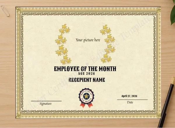 Professional preview of Recognition Best Employee Of The Month certificate on high-quality stationery paper, ideal for showcasing the final look.