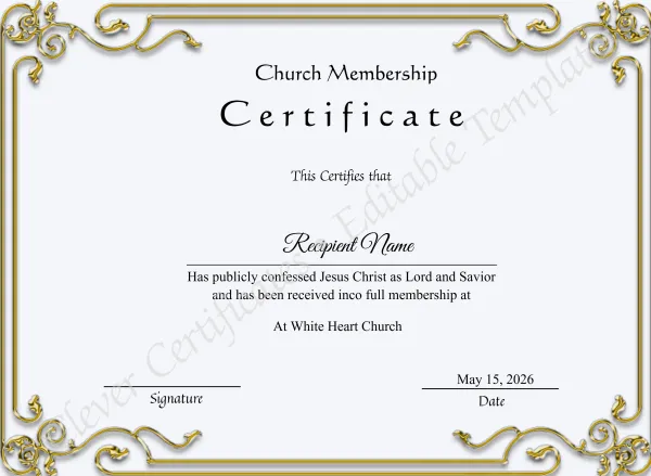Editable Church Membership Certificate