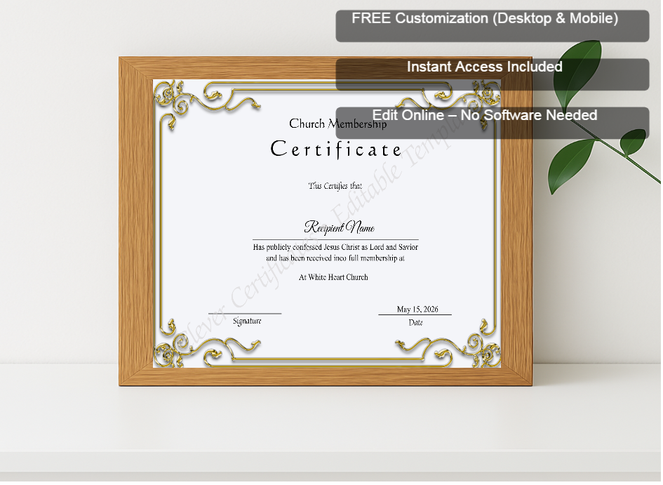 Premium mockup with Free Editor badge stack for Editable Church Membership Certificate