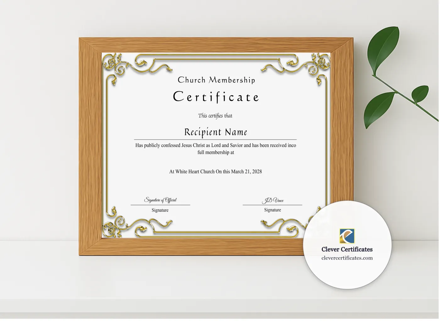 Realistic mockup featuring Editable Church Membership Certificate displayed within a modern frame, set against a minimalistic background.
