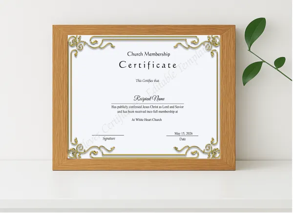 Realistic mockup featuring Editable Church Membership Certificate displayed within a modern frame, set against a minimalistic background.