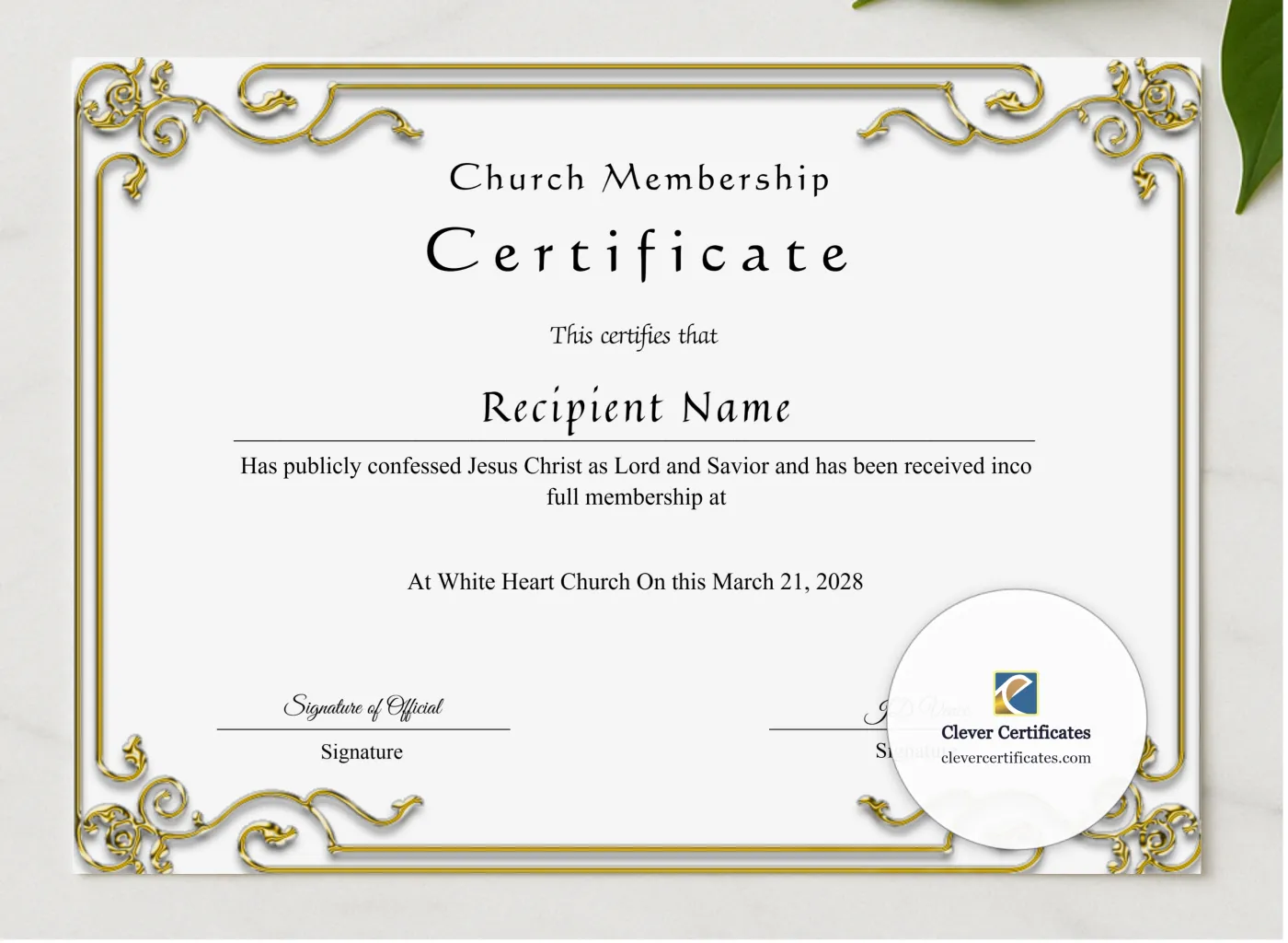 Editable Church Membership Certificate presented in a sleek wooden frame, elegantly arranged on a stylish table.