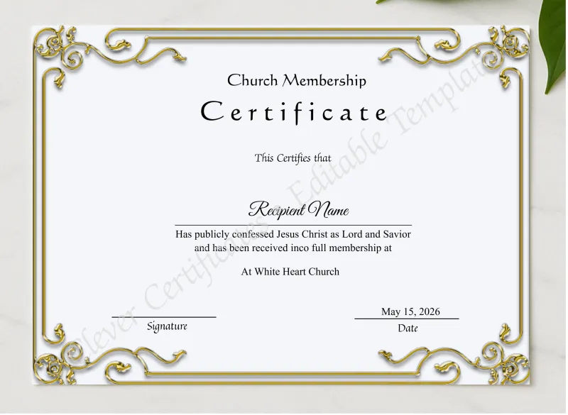 Editable Church Membership Certificate presented in a sleek wooden frame, elegantly arranged on a stylish table.