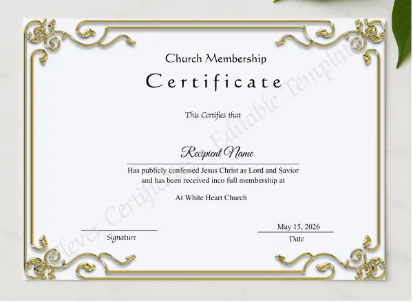 Editable Church Membership Certificate presented in a sleek wooden frame, elegantly arranged on a stylish table.