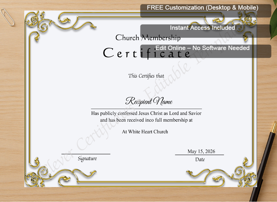 Zoomed preview with Free Editor badge stack for Editable Church Membership Certificate