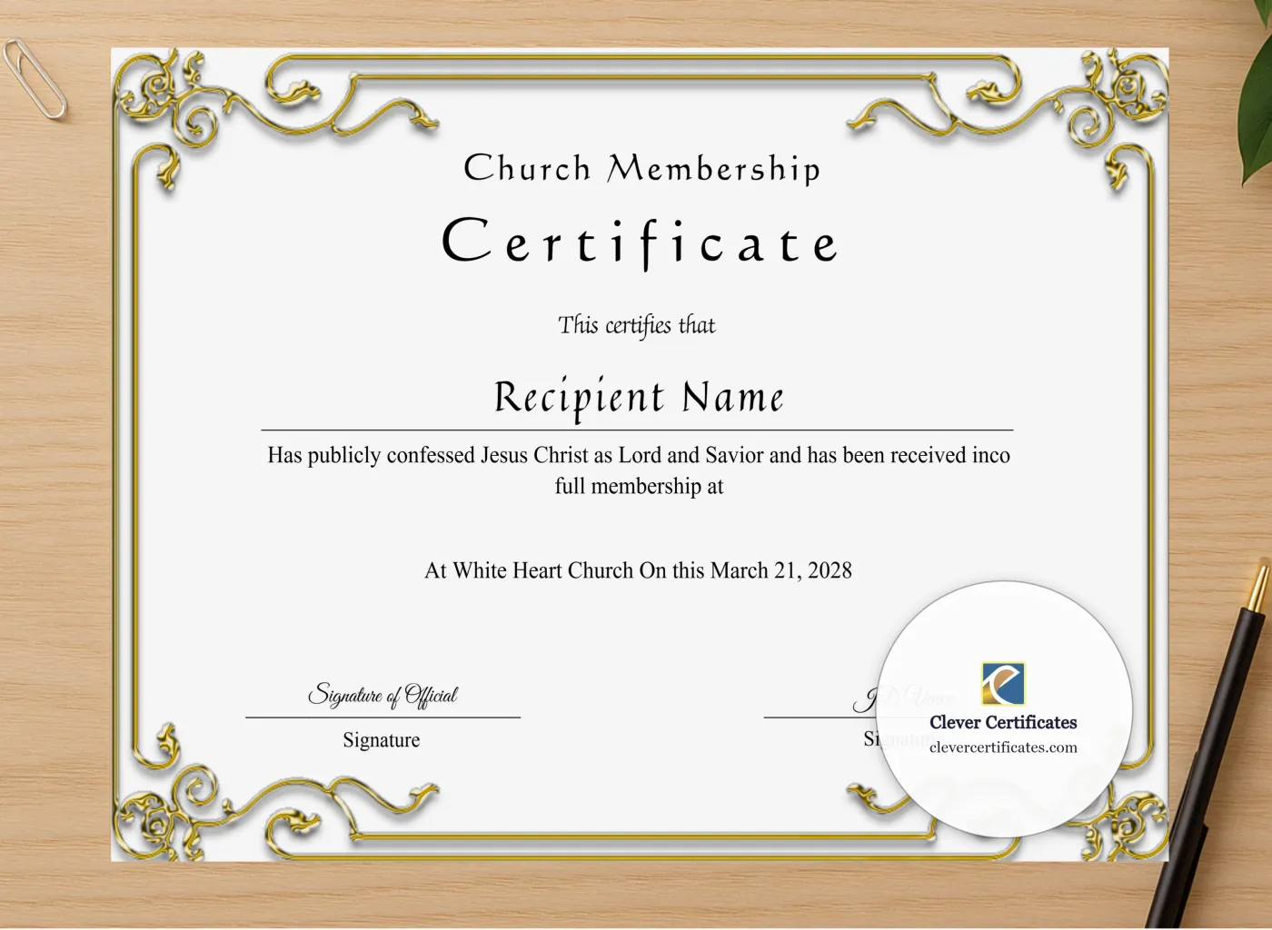 Professional preview of Editable Church Membership Certificate certificate on high-quality stationery paper, ideal for showcasing the final look.