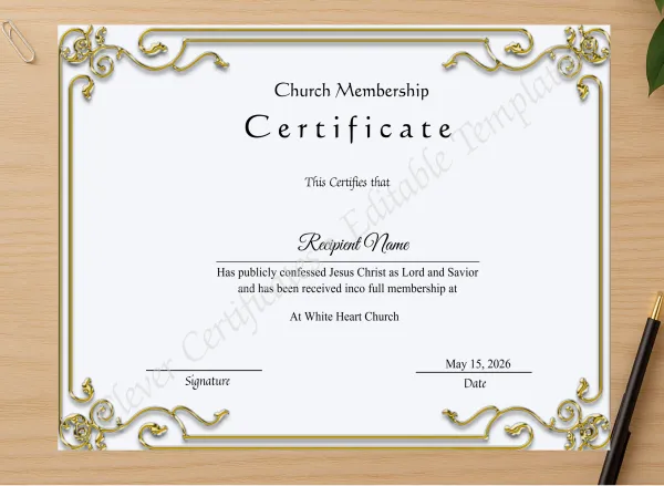 Professional preview of Editable Church Membership Certificate certificate on high-quality stationery paper, ideal for showcasing the final look.
