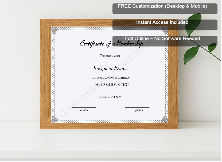 Premium mockup with Free Editor badge stack for Editable Certificate Of Membership